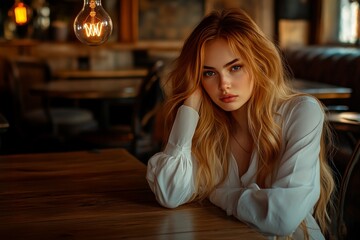 Poster - Pensive woman at a wooden table with a glowing lightbulb representing the contemplation of new ideas in a serene rustic setting