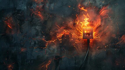 Wall Mural - Fire burnt wall electricity plug with black cable. Electrical power circuit danger overload shock, home or house electric energy outlet, damaged, spark, hazard