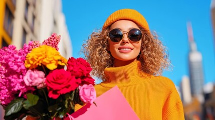 A girl with a fresh tan, smiling while holding shopping bags on a city street