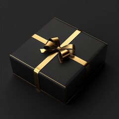 A black gift box representing a luxury gift with a golden band on a black background