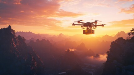 A drone is flying over a mountain range at sunset