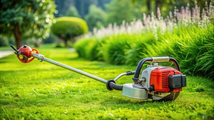 a rugged gas-powered line trimmer with a curved shaft and rotating cutting head is posed on a lush g