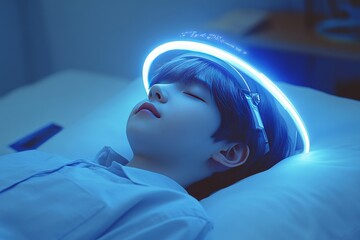 Sticker - Portrait of a young boy with glowing headband lying peacefully representing innocence technology and the blend of digital and natural worlds in a futuristic setting