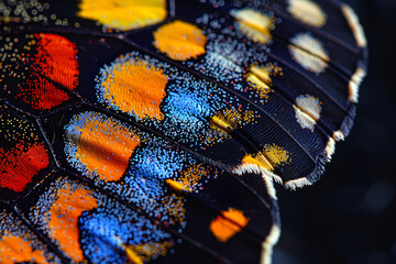 Close-up of butterfly wing pattern, macro photography showcasing the intricate details and colors on its wings, highlighting patterns like stripes or spots in black white yellow blue orange purple red