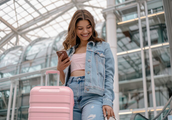 Poster - A happy woman with brown hair, wearing jeans and a shirt, is standing at the airport holding her pink suitcase while looking at her phone and smiling