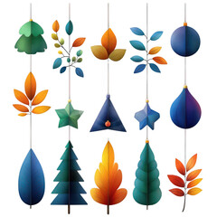 Wall Mural - Colorful Autumn Leaves and Trees Ornaments Set