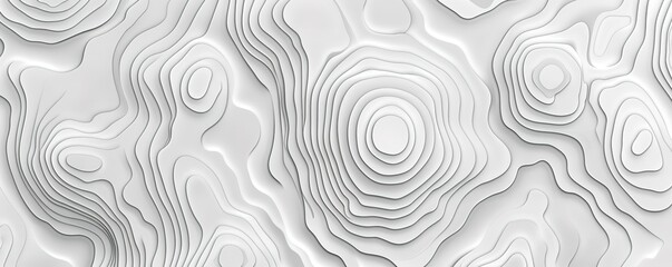 abstract white topographic map background with 3d contour lines, representing terrain elevation.