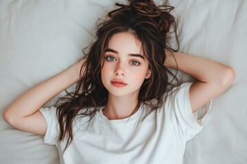 Poster - Young woman lying back on a bed her hair tousled and her expression serene representing relaxation comfort and the peaceful simplicity of a quiet moment at home