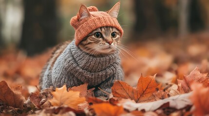 In the autumn park, the cat in autumn clothes changes the calendar of the autumn season. Ai generation