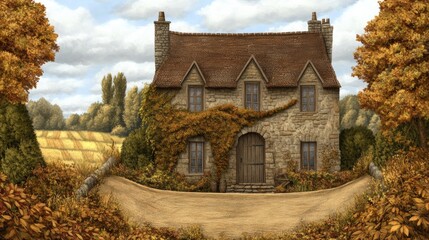 Wall Mural - A painting of a house in the fall with trees and grass, AI