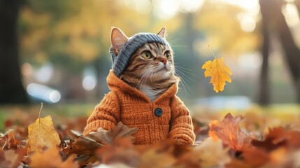 In the autumn park, the cat in autumn clothes changes the calendar of the autumn season. Ai generation