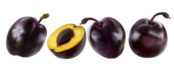 Four plums, two whole and one cut in half revealing its yellow flesh and brown pit.