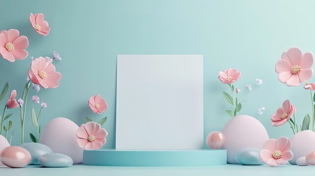 A minimalist 3D stage design with a blank A4 white paper sheet, fun kawaii flowers, and pastel-colored rocks, all on a mint turquoise background, offering a playful and modern aesthetic