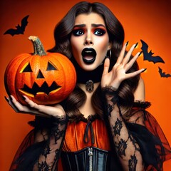 Gothic woman holding jack-o'-lantern for Halloween