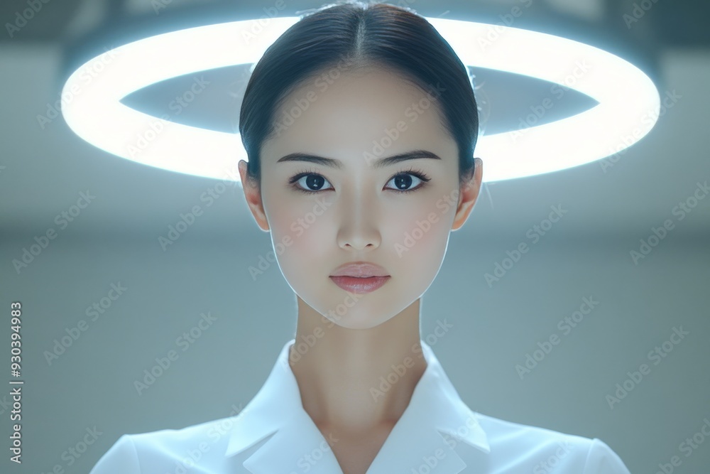 Young woman with slicked back hair and a glowing white halo gazes ...