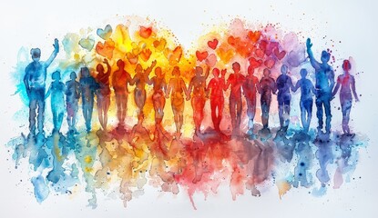 Wall Mural - A heart shape made of colorful watercolor hearts, surrounded by people holding hands and waving to each other 