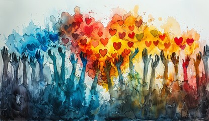 Wall Mural - A heart shape made of many hands, each hand holding different colored hearts and waving in the air. 