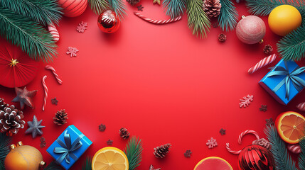 A festive background with holiday family products and colorful decor, perfect for a holiday family promotion