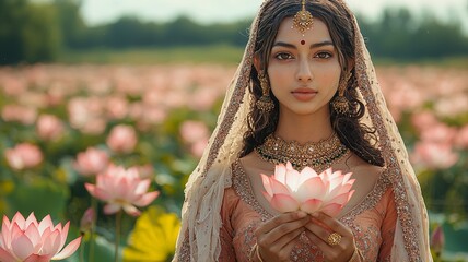 a beautiful woman as Sita Hindu goddess holding flower