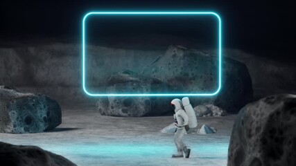 Wall Mural - An astronaut performing moonwalk dance move on a Moon surface in front of neon frame