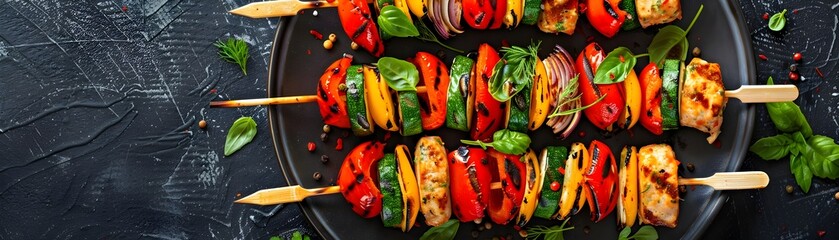 Wall Mural - Appetizing Grilled Vegetable Skewers on a Plate Healthy Food Concept with Copy Space