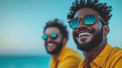 two people are sitting near the sea, both wearing yellow shirts, with one in focus and the other blu