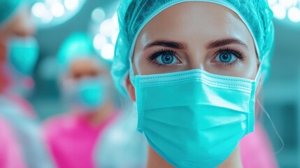 Sticker - A woman in surgical scrubs with a blue mask on her face, AI