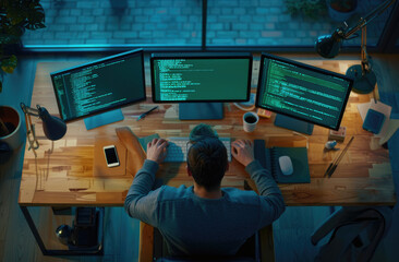 Wall Mural - an African American male programmer sitting at his desk, wearing glasses and a blue shirt with orange stripes on the sleeves