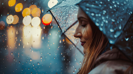 Wall Mural - portrait of a woman with an umbrella under a warm rain. a young girl is enjoying the autumn rain