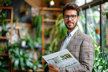 Wall Mural - A man in a suit holding a piece of paper with a graph on it