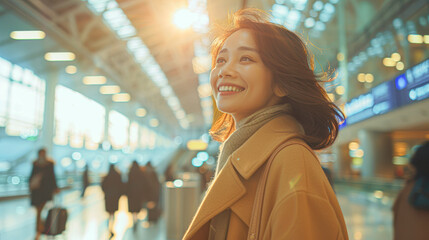 Sticker - Smiling Female Traveler Walking to Departure Gate with Baggage in Airport Interior Scene