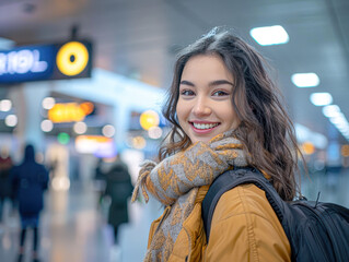 Sticker - Happy Female Passenger Walking to Departure Gate in Airport Terminal with Baggage