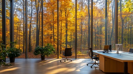 empty modern office with stylish furniture and autumn forest view through glass windows ideal for a 