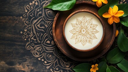 Poster - Mandala Design on Milk in Wooden Bowl.