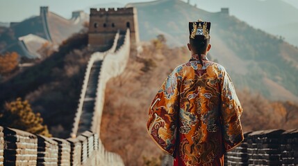 Chinese man in traditional dragon robe, posing in front of the Great Wall of China