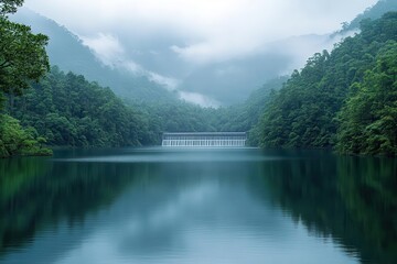 A serene lake with a hydroelectric dam in the distance, surrounded by dense forests