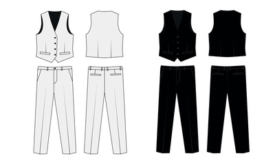 Wall Mural - Technical drawing of men's suit white and black colors, vector. Sketch of buttoned vest and straight pants, front and back view. Vest and pants template, vector.