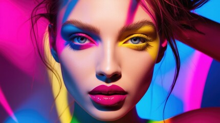 Poster - A striking model showcases bold makeup and captivating expressions amidst a background of vivid lights and colors