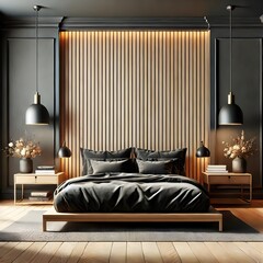 a modern, stylish bedroom with a wooden slat accent wall, ambient lighting, a low-profile bed with dark bedding, and matching bedside tables with minimalist decor