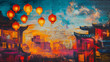 © Furkan - Pop art comic street graffiti with a lanterns and fireworks brick wall. Traditional Asian festival background.