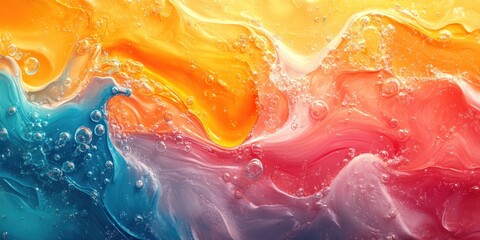 Wall Mural - Abstract Swirling Liquid with Bubbles and Colors of Blue, Orange, and Pink