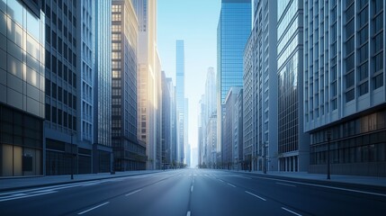 Wide empty street surrounded by towering modern skyscrapers in a futuristic urban setting.