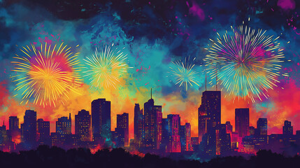 Pop art concept fireworks pattern texture and city landscape. Colorful background in pop art retro comic style. 2025 New Year Eve Party background banner cartoon style.