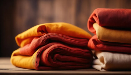 Stack of natural orange and red linen on the wooden table. Close up. 