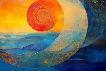 Colorful abstract with sun and planet