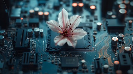 Wall Mural - Delicate Flower Blossom on Circuit Board