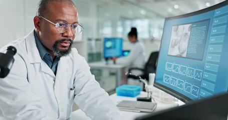 Poster - Black man, medical or research in laboratory, laptop and medicine for healthcare study or biotechnology. Biology, testing or scientist typing for antiaging cure, life extension breakthrough or dna
