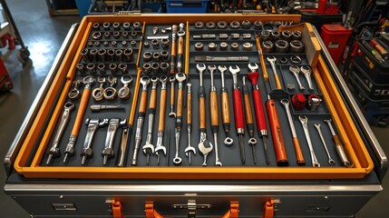 Wall Mural - Industrial tool chest filled with various tools, representing organization and readiness in industrial work.