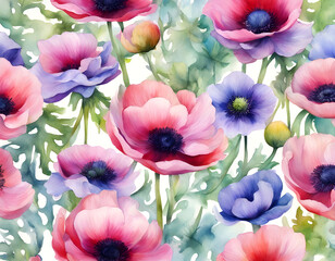 Wall Mural - Color watercolor Anemone flowering sea plants background