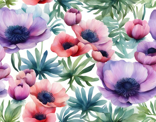 Wall Mural - Color watercolor Anemone flowering sea plants background